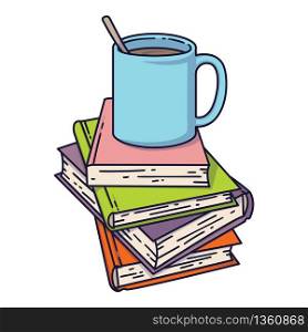 Cup of coffee or tea on book pile.I love reading concept for libraries, book stores, festivals, fairs and schools. Vector illustration isolated on white.