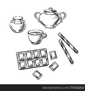 Cup of coffee or tea with chocolate bar, honey jar, waffle rolls and sugar bowl sketch icons