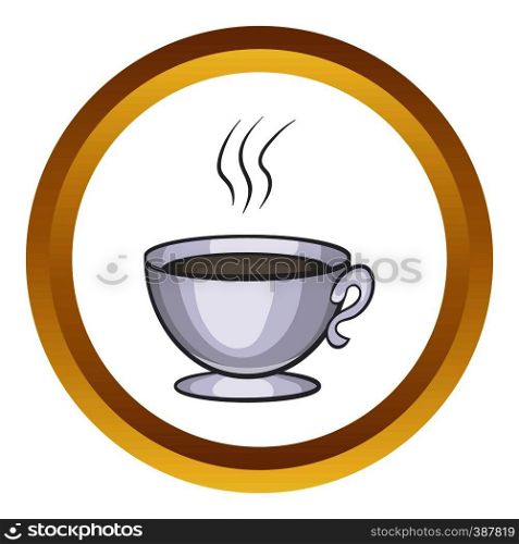 Cup of coffee vector icon in golden circle, cartoon style isolated on white background. Cup of coffee vector icon