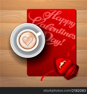 Cup of coffee with a heart greeting card and a gift for Valentine&rsquo;s Day.. Cup of coffee with a heart greeting card and a gift for Valentine&rsquo;s Day