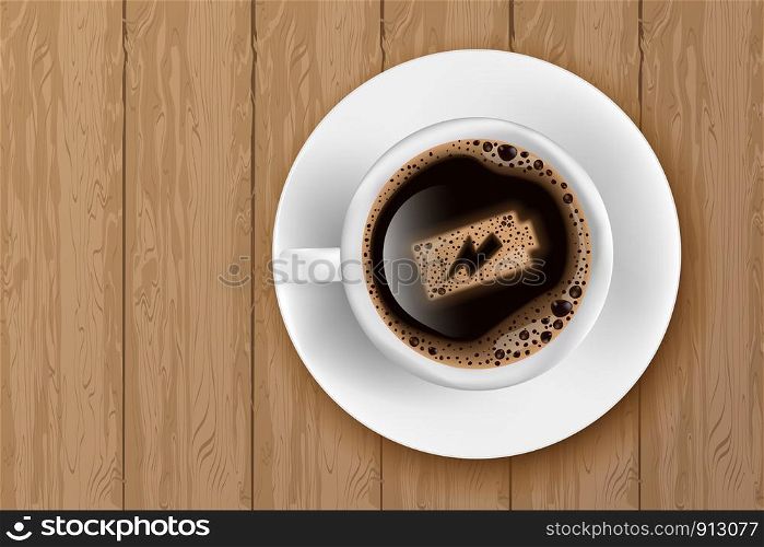 Cup of coffee with battery energy on foam. Realistic vector illustration