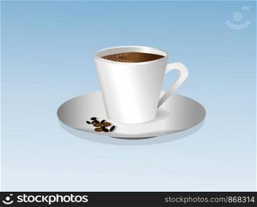 Cup of coffee with foam on a saucer with coffee beans on a blue background. Cup of coffee with foam on a saucer