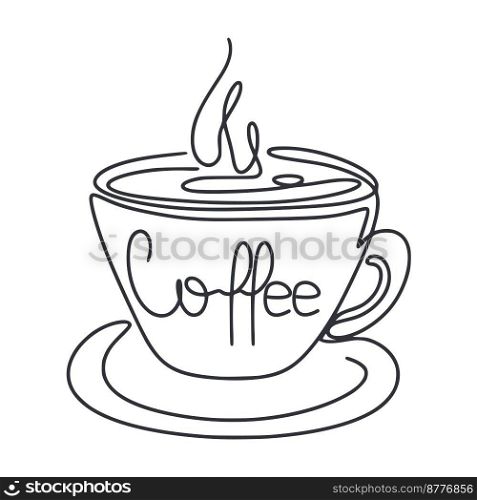 Cup of coffee with steam line art. Mug with tag, thin outline. Ink sketch warming drink with smoky isolated vector illustration. Cup of coffee with steam line art
