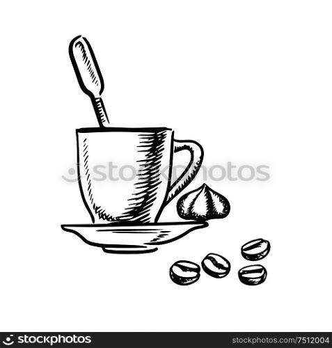 Cup of coffee with whipped cream and roasted coffee beans, isolated on white background, outline sketch style. Coffee cup with cream and beans