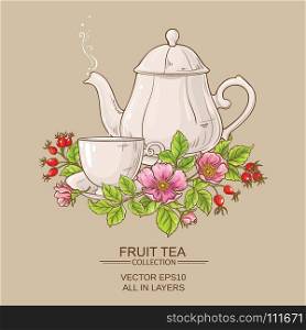 cup of dog rose tea and teapot. cup of dog rose tea and teapot on color background