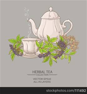 cup of elderberry tea and teapot. cup of elderberry tea and teapot on color background