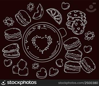 cup of frothy coffee, cookies and sweets, Macaroons and refined sugar cubes. Set of vector illustrations of desserts in style of hand drawn linear doodles. isolated white chalk outline drawing