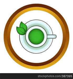 Cup of green tea vector icon in golden circle, cartoon style isolated on white background. Cup of green tea vector icon