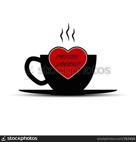 Cup of hot coffee or tea with heart and lovers ' coffee inscription, simple design