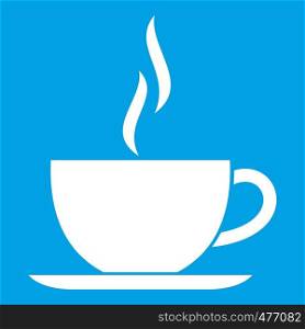 Cup of hot drink icon white isolated on blue background vector illustration. Cup of hot drink icon white