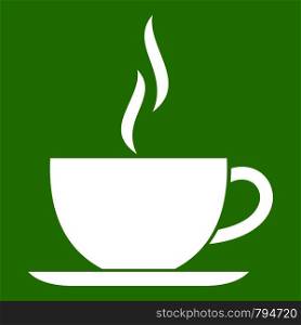 Cup of hot drink icon white isolated on green background. Vector illustration. Cup of hot drink icon green