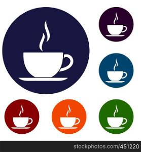 Cup of hot drink icons set in flat circle reb, blue and green color for web. Cup of hot drink icons set
