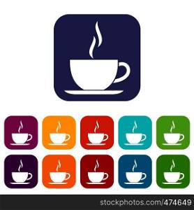 Cup of hot drink icons set vector illustration in flat style In colors red, blue, green and other. Cup of hot drink icons set