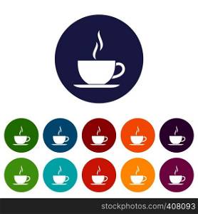 Cup of hot drink set icons in different colors isolated on white background. Cup of hot drink set icons