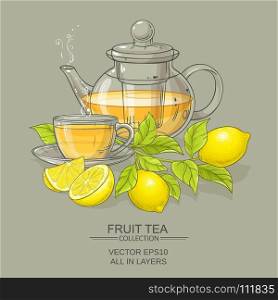cup of lemon tea and teapot. cup of lemon tea and teapot on color background