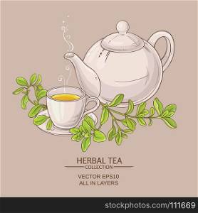 cup of marjoram tea and teapot. cup of marjoram tea and teapot on color background