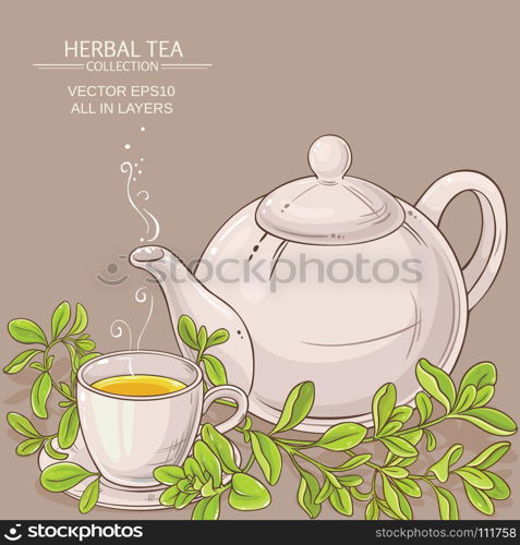 cup of marjoram tea and teapot. cup of marjoram tea and teapot on color background