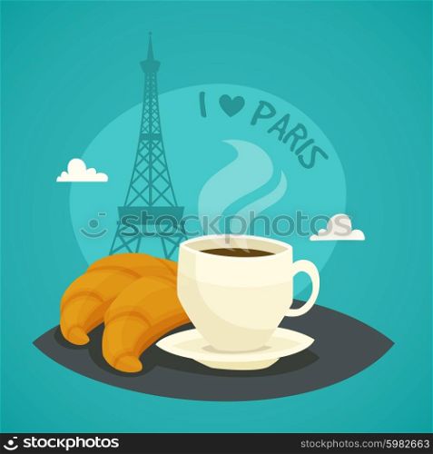 Cup Of Morning Coffee With Croissants. Cup of morning coffee with croissants at Eiffel tower background in cartoon style vector illustration