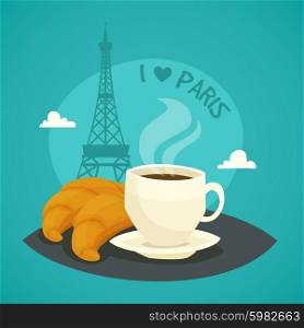 Cup Of Morning Coffee With Croissants. Cup of morning coffee with croissants at Eiffel tower background in cartoon style vector illustration