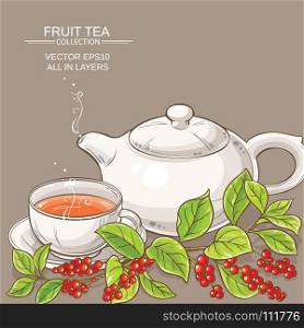 cup of schisandra tea and teapot. cup of schisandra tea and teapot on color background