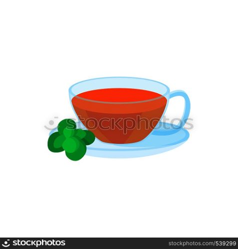 Cup of tea and mint leaf icon in cartoon style on a white background. Cup of tea and mint leaf icon, cartoon style