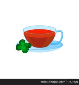 Cup of tea and mint leaf icon in cartoon style on a white background. Cup of tea and mint leaf icon, cartoon style