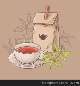 cup of tea and paper packaging. cup of tea and paper packaging on brown background