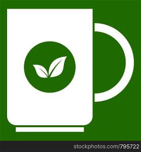 Cup of tea icon white isolated on green background. Vector illustration. Cup of tea icon green