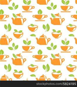 Cup of tea. Illustration Seamless Pattern with Teapots and Teacups with Herbal Tea - Vector