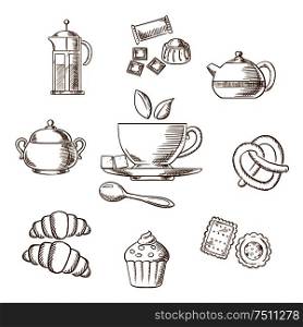 Cup of tea on saucer with pieces of sugar surrounded by chocolate and bakery, pastry and teapots sketches. Vector illustration. Tea and dessert pastry sketch