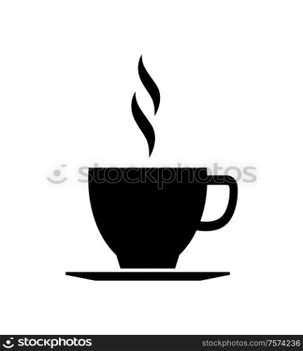 Cup of tea or coffee on saucer vector isolated icon. Black silhouette of hot beverage with stream, mug with espresso, mocha or milk, aromatic drink. Cup of Tea or Coffee on Saucer Vector Isolated