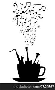 Cup of tea or coffee with musical instruments and notes