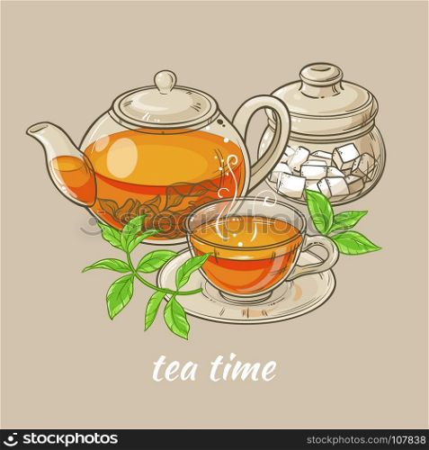 cup of tea, teapot and sugar bowl. Illustration with cup of tea, teapot , sugar bowl and tea leaves on brown background