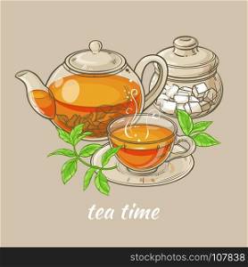 cup of tea, teapot and sugar bowl. Illustration with cup of tea, teapot , sugar bowl and tea leaves on brown background