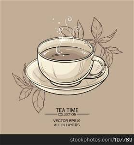 cup of tea. vector illustration with cup of tea on brown background