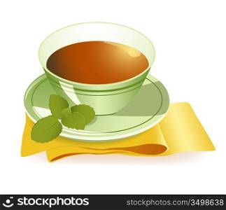 cup of tea with a dish and leaves of mint on a yellow serviette