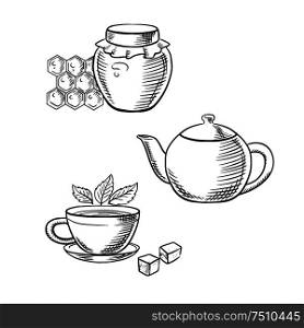 Cup of tea with fresh tea leaves and sugar cubes, retro teapot and glass jar of honey with honeycomb. Sketch icons for food and drink or healthy breakfast theme