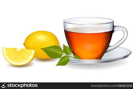 Cup of tea with leaves with lemon. Vector illustration.