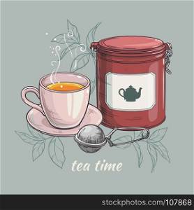 cup of tea with round tin packaging and tea-strainer. vector illustration with cup of tea with round tin packaging and tea-strainer