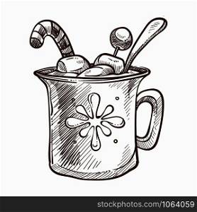Cup of warm chocolate with marshmallow and candy stick lollipop with stripped pattern and spoon vector monochrome sketch outline cup with floral ornament aromatic beverage in pot hot drink tea. Cup of warm chocolate with marshmallow and candy stick