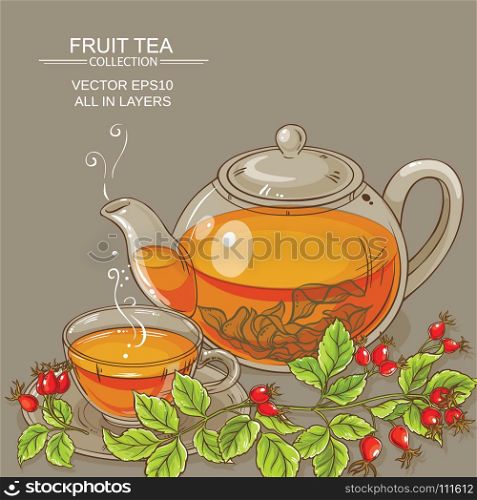 cup of wild rose hips tea and teaapot. cup of wild rose hips tea and teaapot on color background