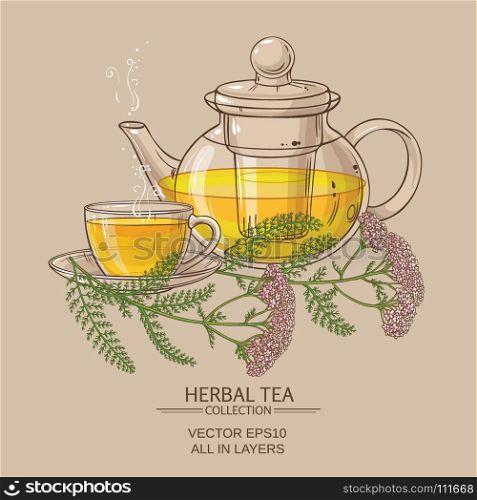 cup of yarrow tea and teapot. cup of yarrow tea and teapot on color background