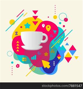 Cup on abstract colorful spotted background with different elements. Flat design.