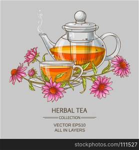 cup or echinacea tea and teapot . cup or echinacea tea and teapot on color background