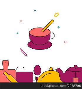 Cup, saucer and spoon filled line vector icon, simple illustration, related bottom border.. Cup, saucer and spoon filled line icon, simple vector illustration
