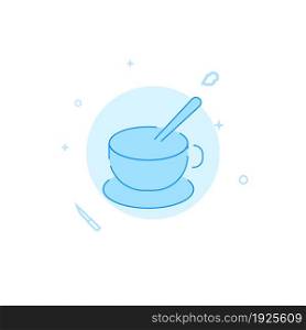 Cup, saucer and spoon vector icon. Kitchen utensil. Flat illustration. Filled line style. Blue monochrome design. Editable stroke. Adjust line weight.. Cup, saucer and spoon flat vector icon. Kitchen utensil. Filled line style. Editable stroke
