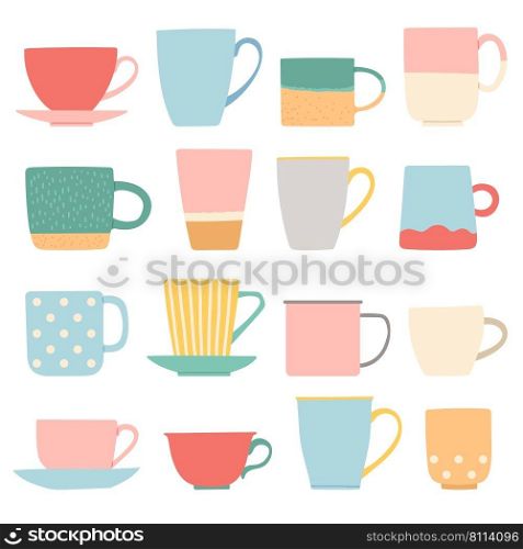 Cup set flat design vector illustration, different shape colorful cups