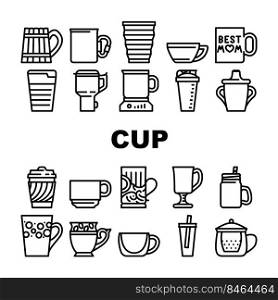 Cup Utensil For Drinking Beverage Icons Set Vector. Cup For Tea And Coffee Energy Hot Drink, Sports Shaker And For Tourist, Printed Kitchenware And Wooden Material Mug Black Contour Illustrations. Cup Utensil For Drinking Beverage Icons Set Vector