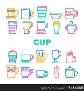 Cup Utensil For Drinking Beverage Icons Set Vector. Cup For Tea And Coffee Energy Hot Drink, Sports Shaker And For Tourist, Printed Kitchenware And Wooden Material Mug Color Illustrations. Cup Utensil For Drinking Beverage Icons Set Vector