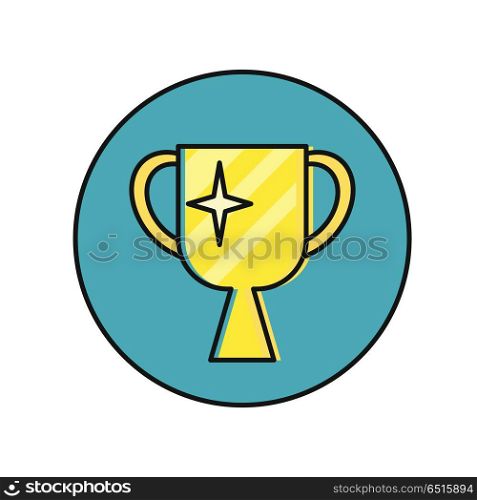 Cup Winner Icon. Cup winner round icon. Yellow cup winner on blue background. Win icon. Business design element. Design element, sign, symbol, icon in flat. Vector illustration.